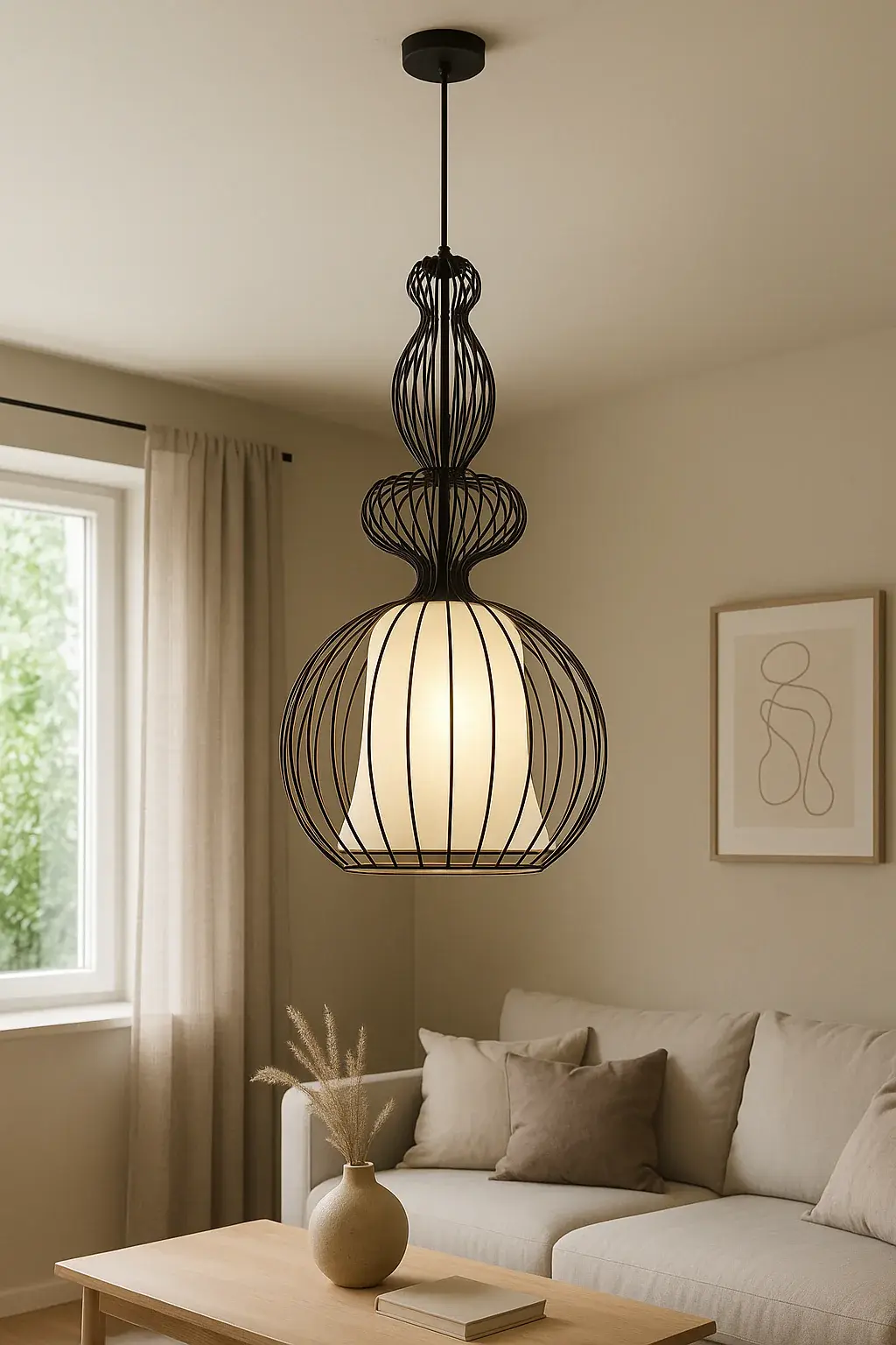 Modern Metal Glass Chinese Birdcage Gourd Shape Pendant | 9033-1P